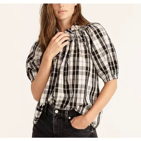 J. Crew Women’s Smocked-Neck Puff-Sleeve Top in Friday Plaid Shirt Size Small - Picture 1 of 13